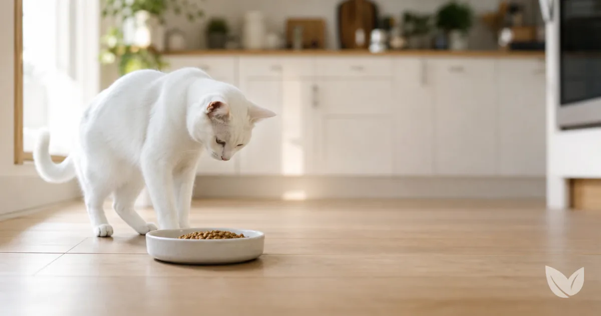 Tabby cat beside a ceramic bowl of fresh whole food ingredients on a warm kitchen floor