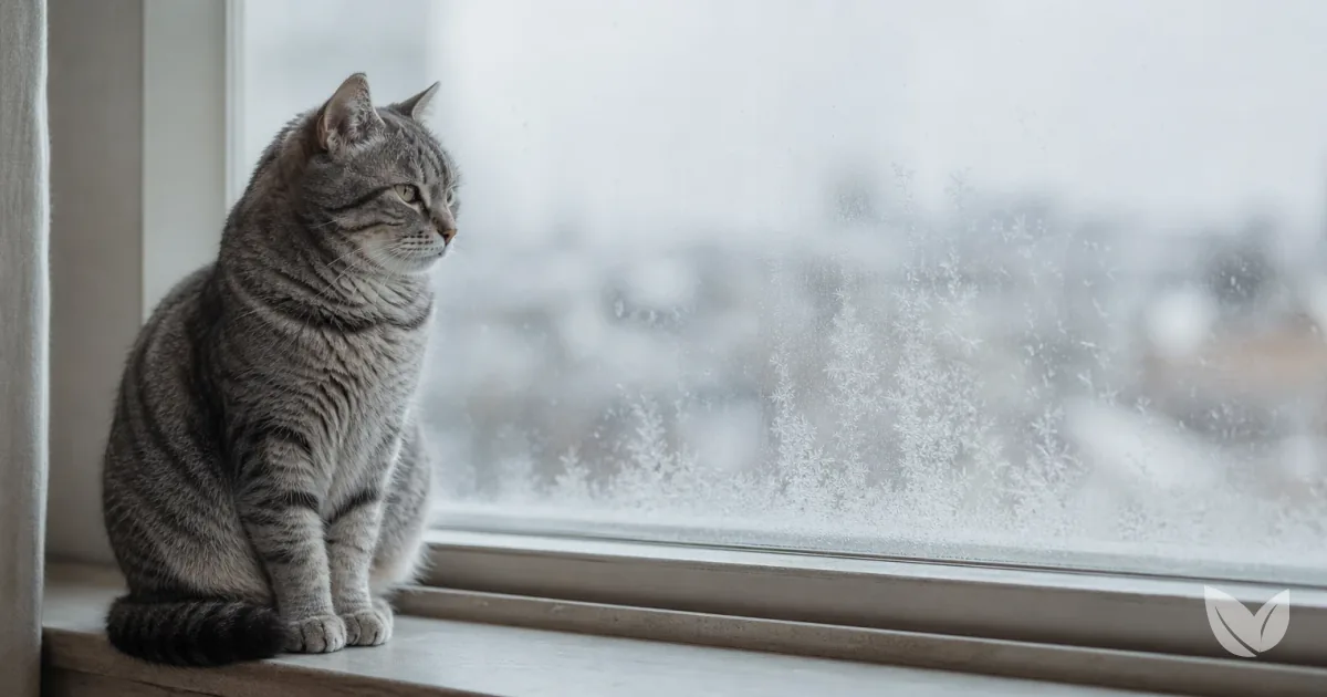 Elderly tabby cat with greying muzzle resting on an indoor windowsill, frost on the glass and bare winter branches outside