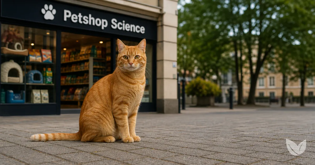 Calm ginger tabby cat outside a Petshop Science store stocking The Herbal Pet products