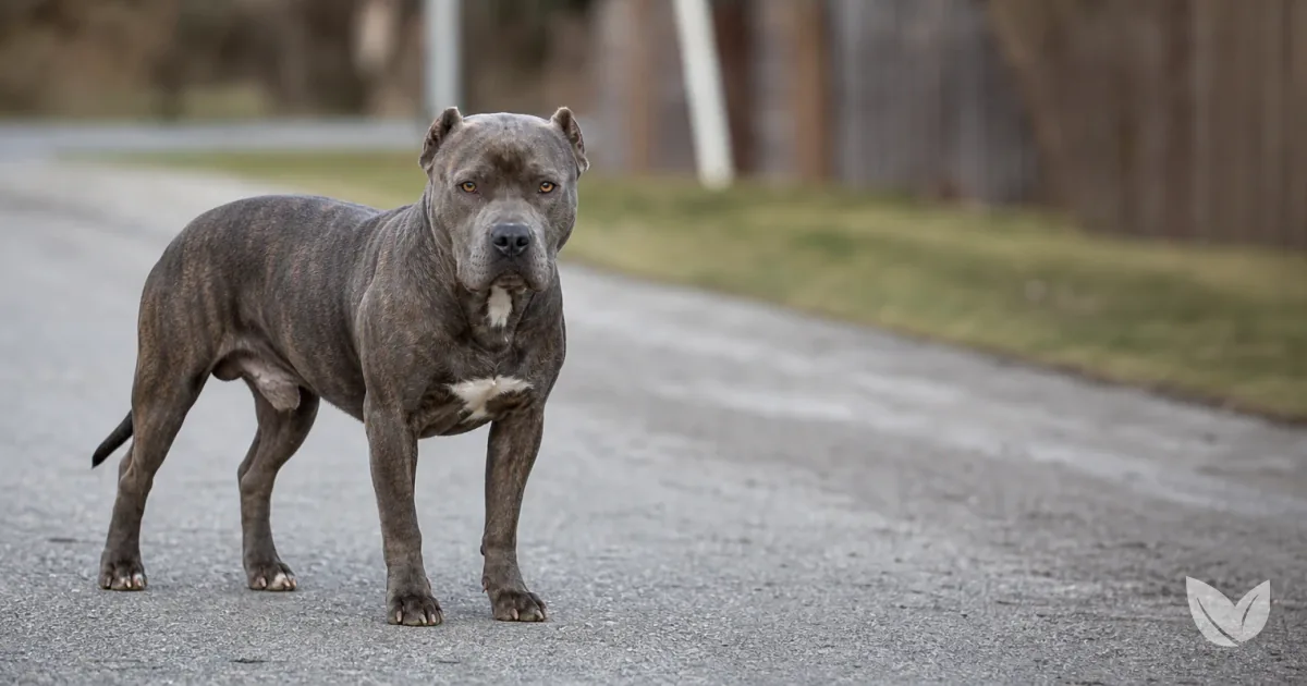 Blue-grey brindle pitbull with guarded expression, a breed prone to serotonin-linked aggression