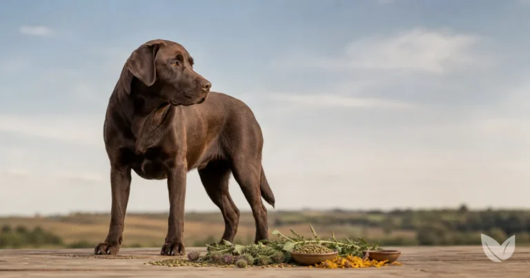 Chocolate Labrador beside milk thistle, pumpkin seeds, and calendula on a rustic wooden surface