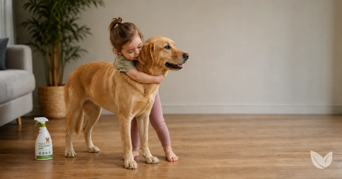 Golden tan dog on living room floor beside a flea spray bottle, natural flea treatment
