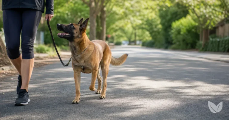 Golden tan mixed-breed dog walking on a suburban pavement in dappled morning light