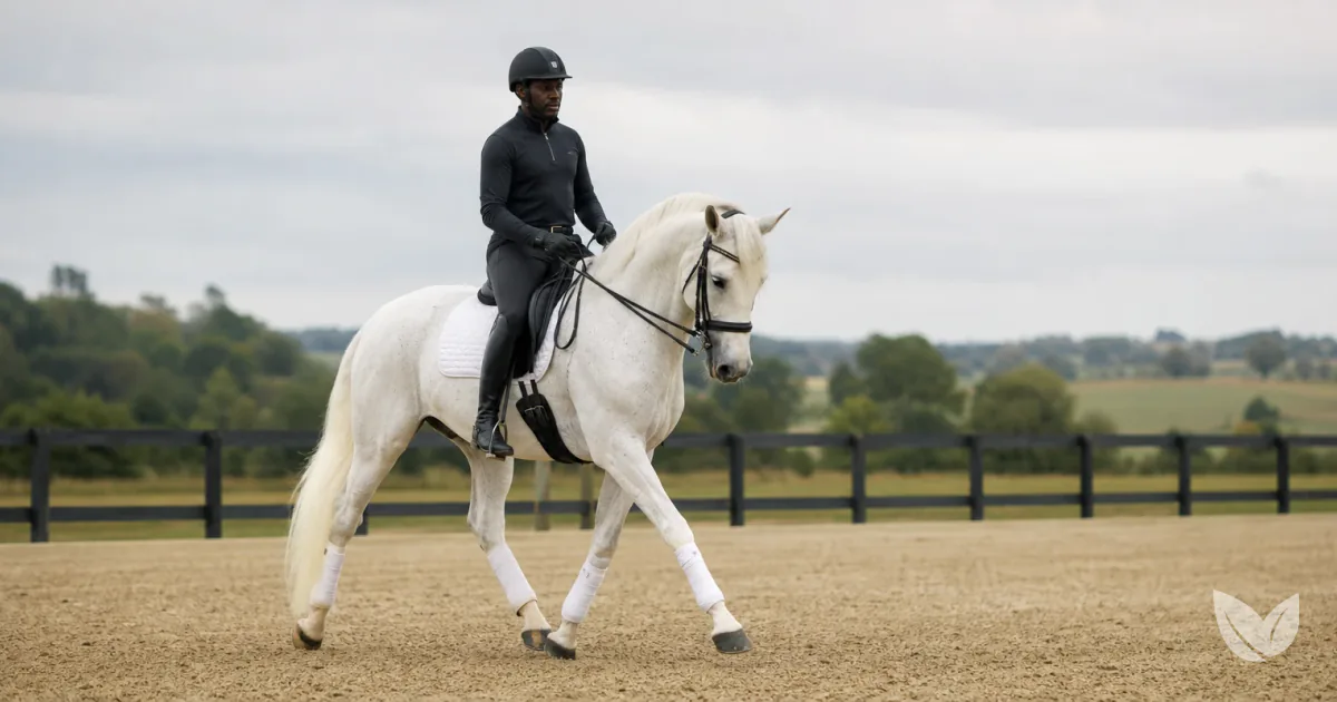 Dapple grey horse and rider working on flat sand — joint support, boots and fetlock load in focus