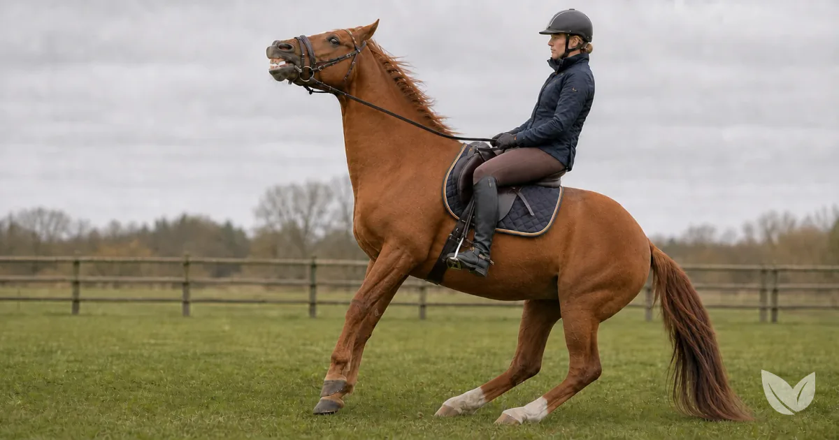 Tense dapple grey mare standing in paddock showing hormonal mood behaviour during her cycle