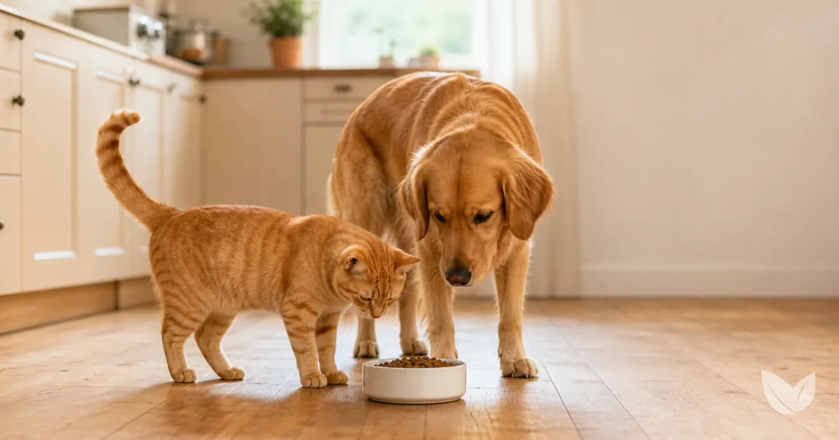 Ginger tabby cat and golden retriever beside a full food bowl — taurine and nutrient deficiency risks in cats and dogs