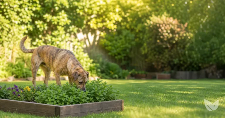Tabby-tan mixed-breed dog in a sunlit garden, illustrating animal self-medication and zoopharmacognosy